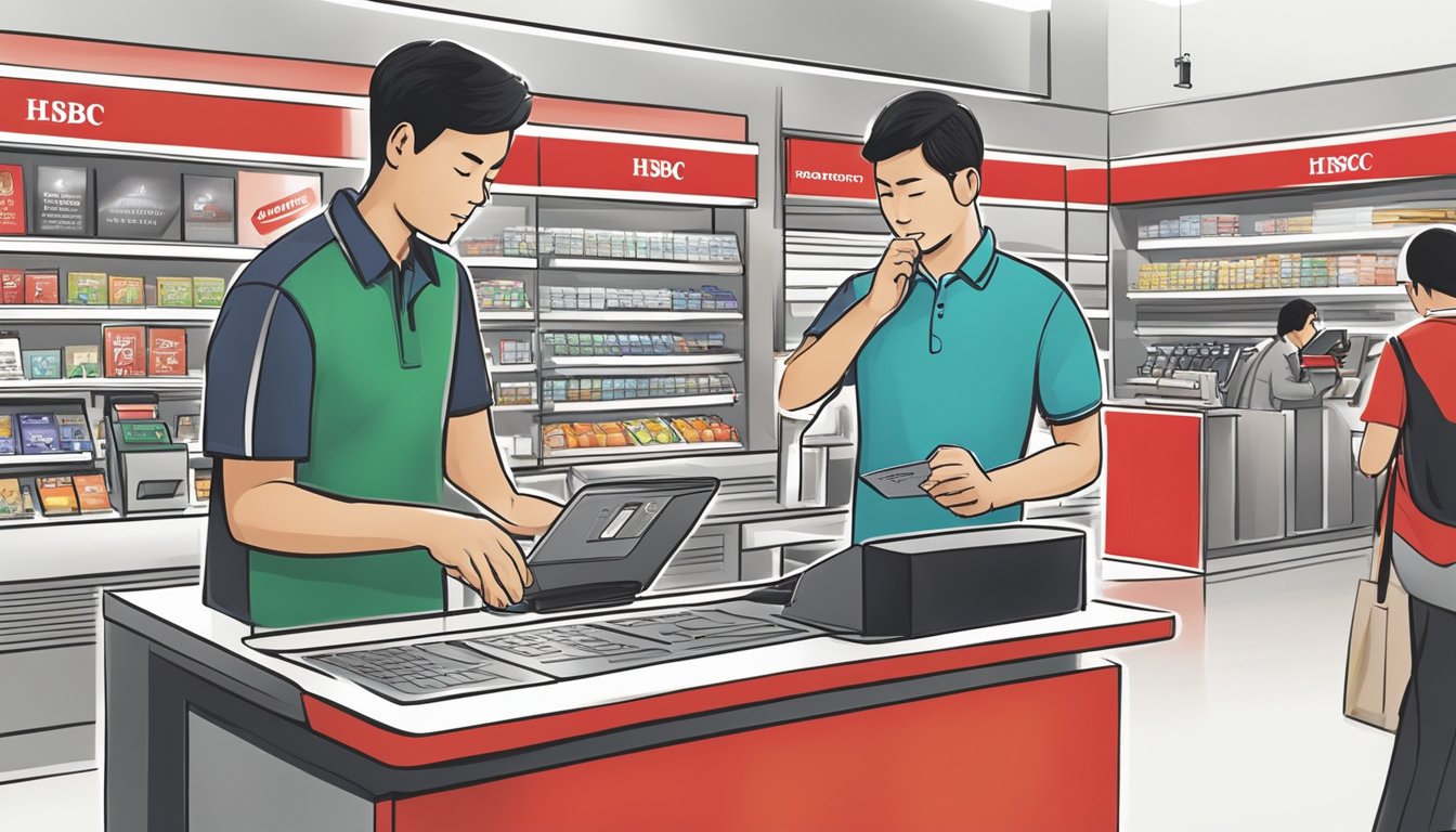 A customer swipes their HSBC Revolution Credit Card at a merchant's counter, earning points for their purchase. They later redeem their accumulated rewards for maximum value at a participating store in Singapore