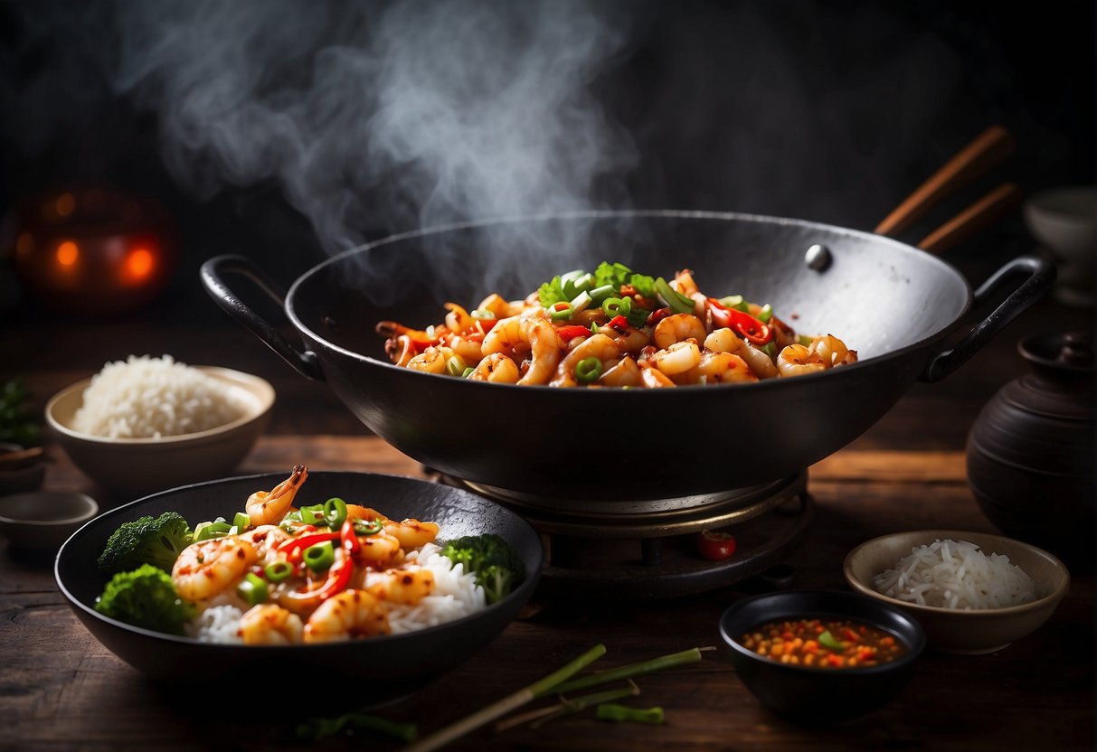 A sizzling wok with spicy squid, surrounded by vibrant Chinese ingredients and a steaming pot of rice