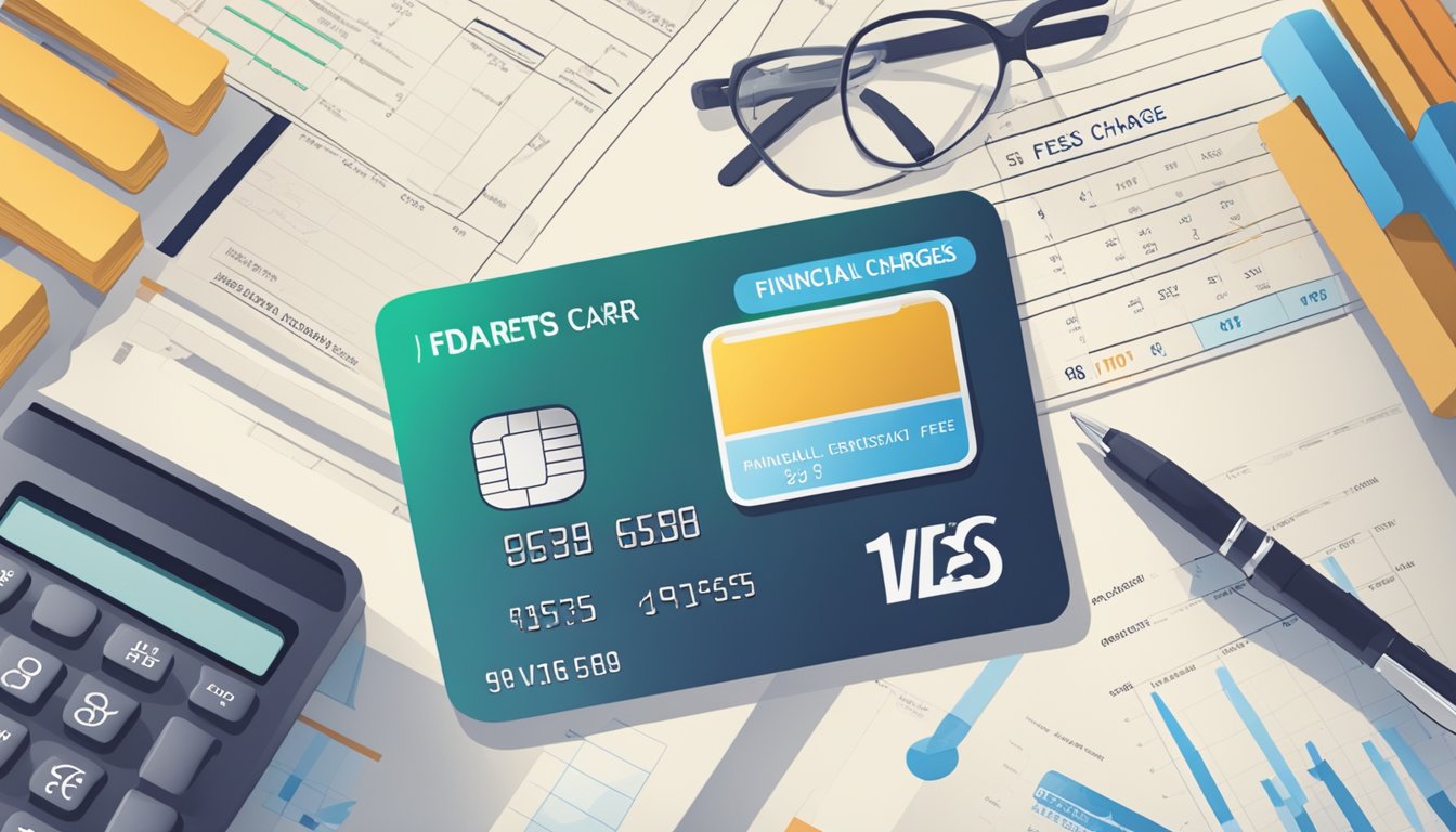 A credit card with "Understanding Fees and Charges" displayed, surrounded by financial documents and a calculator