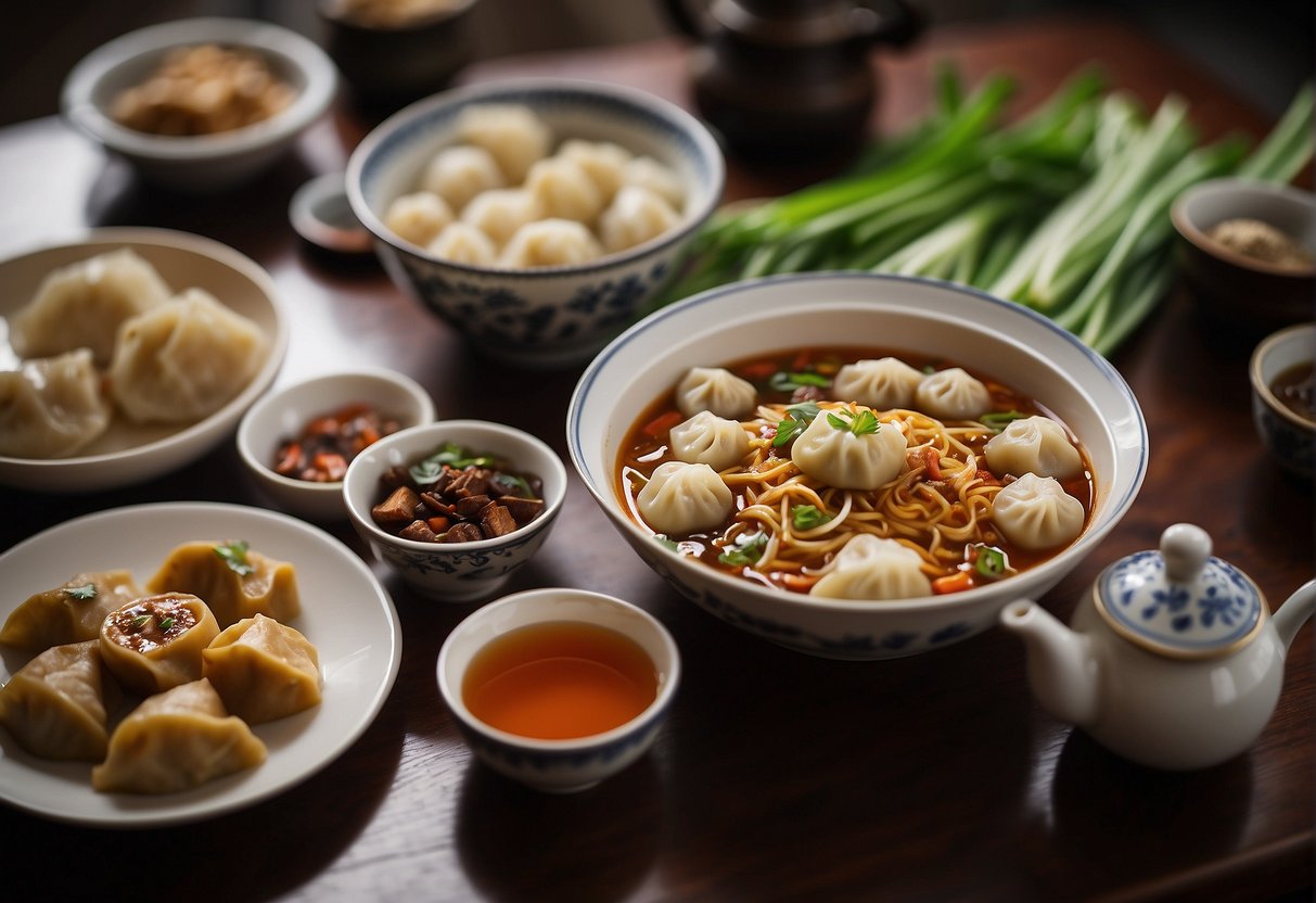 A table set with various regional Chinese dishes, including steamed dumplings, stir-fried noodles, and spicy Sichuan tofu. A pot of hot tea sits nearby