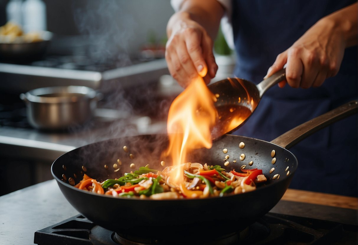 A wok sizzles over a high flame, as ingredients are tossed and stir-fried with precision. A chef's hand adds a splash of soy sauce, infusing the dish with rich, savory flavor