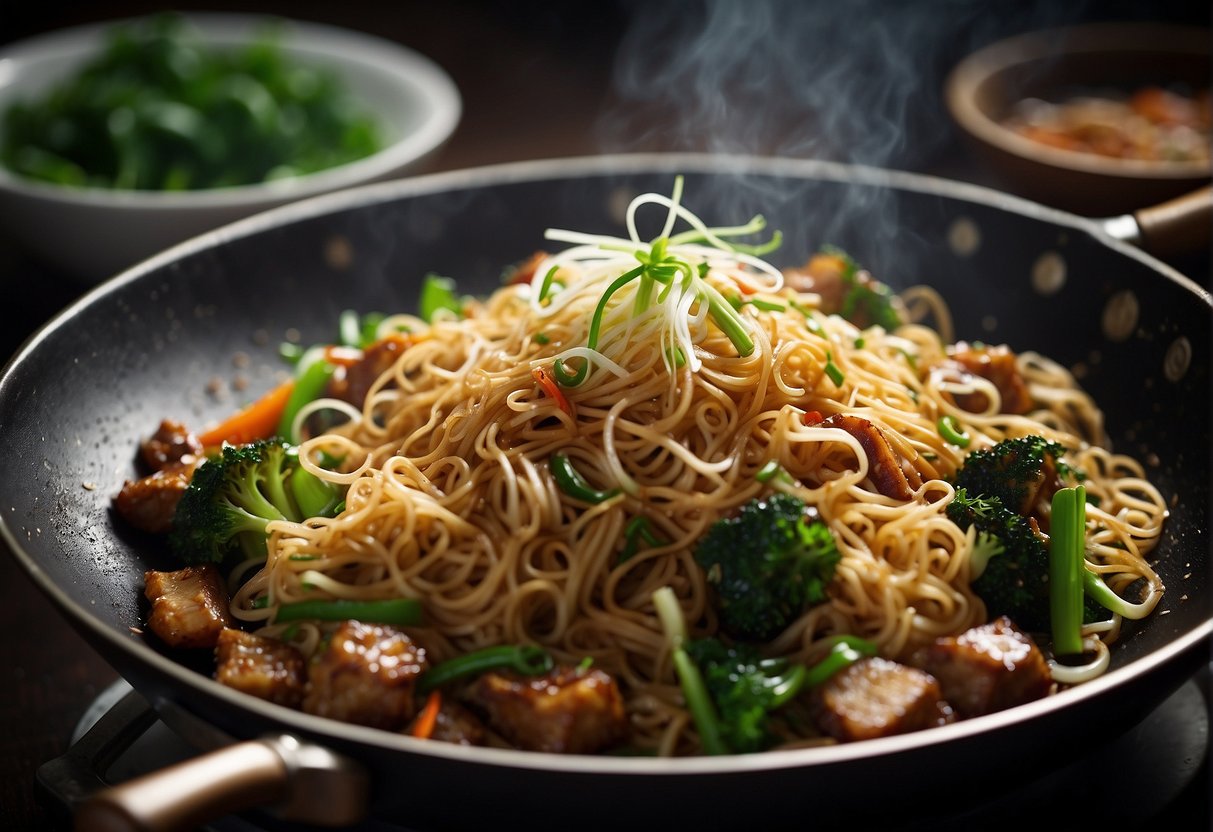 A steaming wok sizzles with stir-fried noodles, vegetables, and savory pork in a fragrant soy sauce. Green onions and bean sprouts garnish the dish