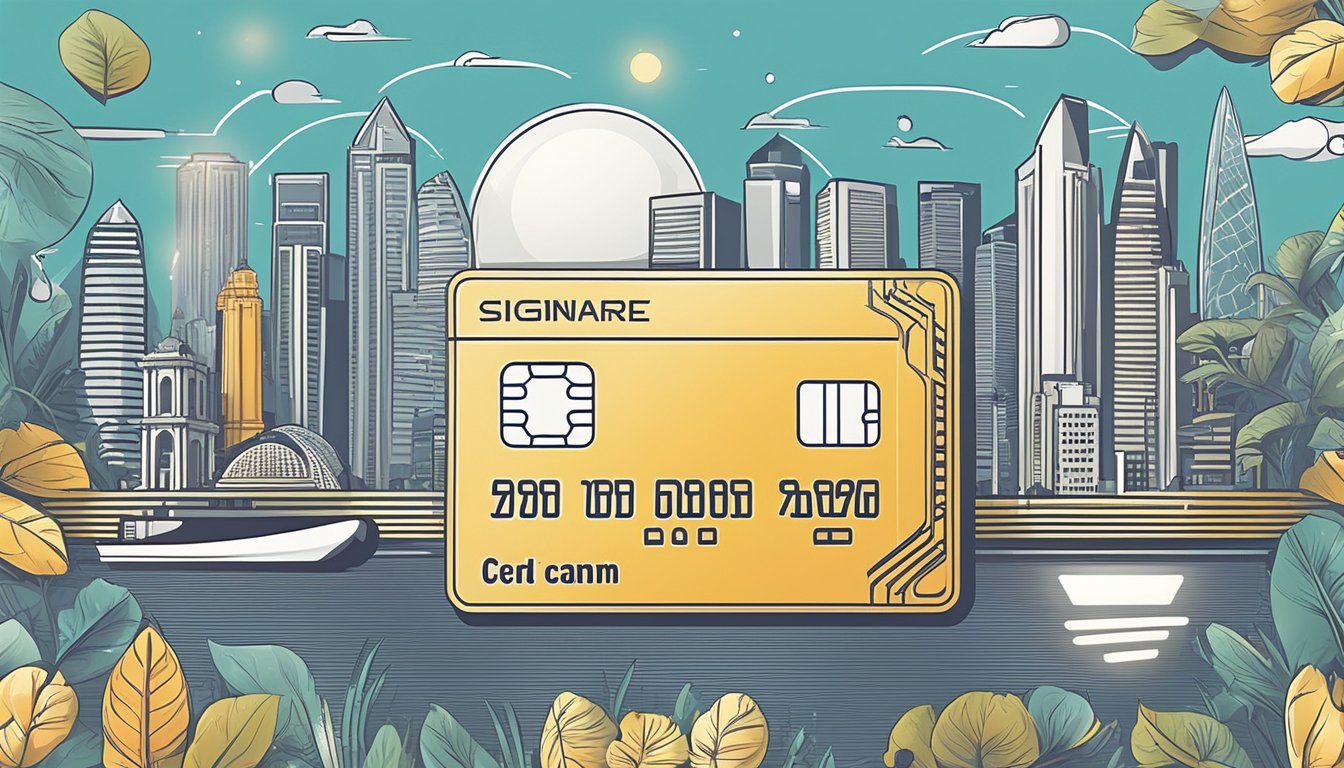 A credit card surrounded by Singapore landmarks and symbols, with a spotlight shining on it