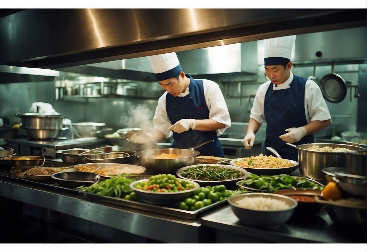 A bustling Chinese kitchen with chefs preparing traditional dishes, surrounded by shelves of exotic ingredients and cookware