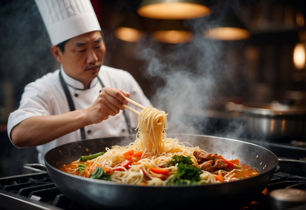A Chinese chef mixes traditional ingredients in a wok, creating an aromatic and flavorful Lomi dish