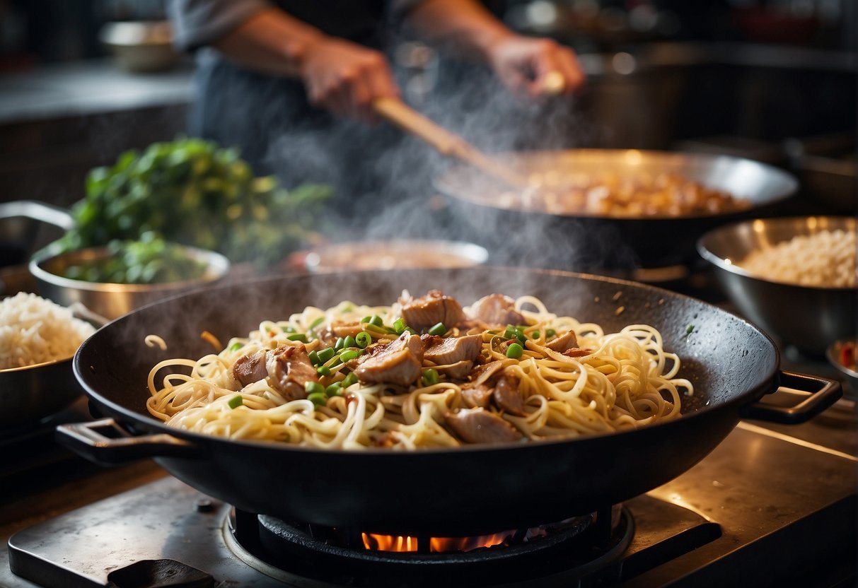 A wok sizzles with garlic, onions, and pork. Noodles and vegetables wait nearby. Soy sauce and oyster sauce stand ready