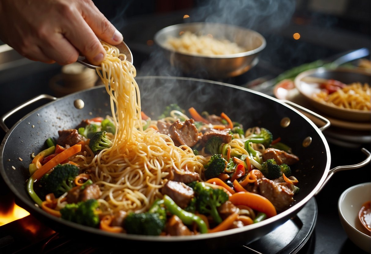 A wok sizzles with stir-fried vegetables and meat, as a chef tosses in noodles and a savory sauce, creating an aromatic and flavorful Chinese lomi dish