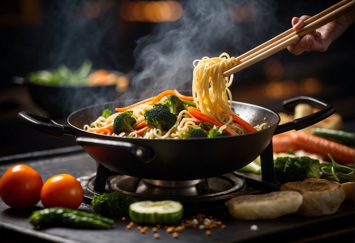 A wok sizzles with oil as vegetables are stir-fried. Noodles are added, followed by a savory sauce. The dish is tossed and served steaming hot