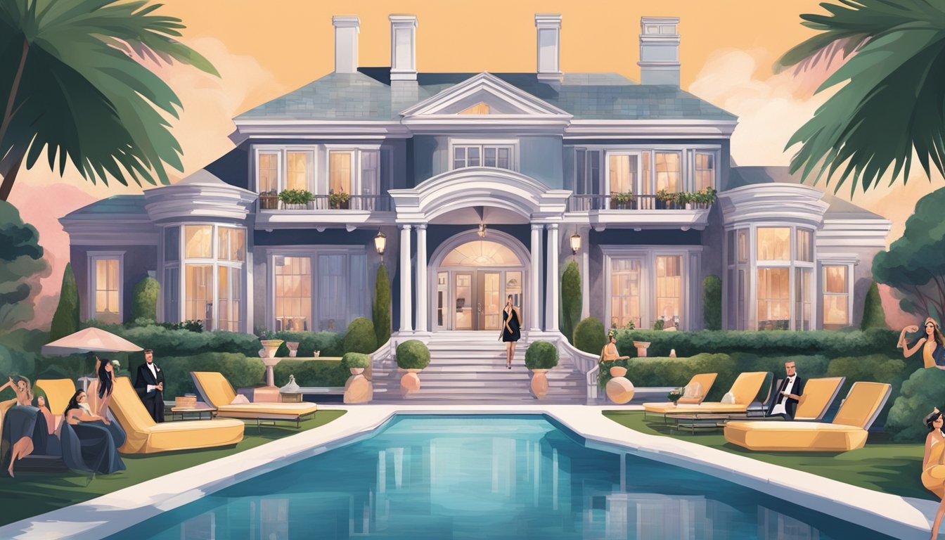 A luxurious mansion with a prominent Playboy bunny logo, surrounded by glamorous parties and beautiful women, symbolizing the legacy of Hugh Hefner's iconic brand