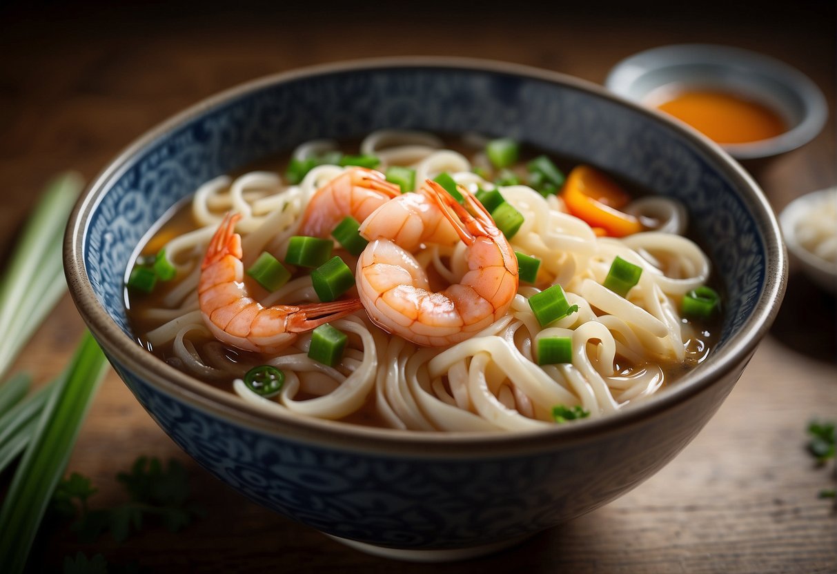 A steaming bowl of Chinese lomi noodles with a rich, savory broth, topped with tender slices of pork, shrimp, and fresh green onions. A pair of chopsticks rests on the side of the bowl