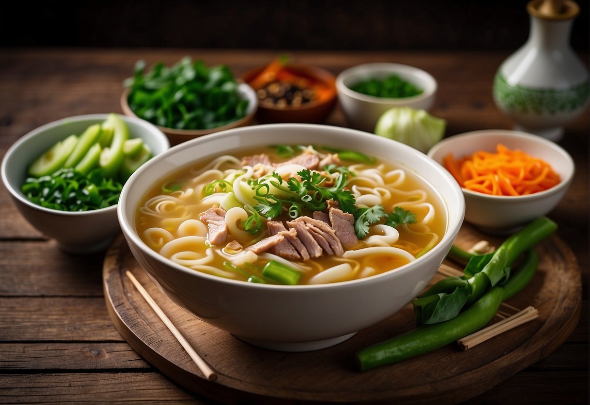 A steaming bowl of authentic Chinese lomi soup, filled with thick noodles, tender slices of pork, and vibrant green vegetables, sits on a rustic wooden table, surrounded by traditional Chinese condiments and utensils