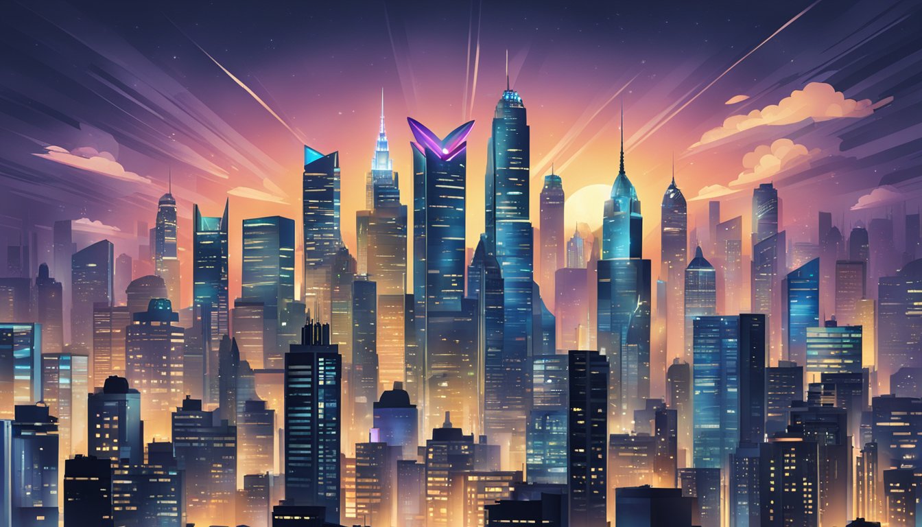 A bustling city skyline with skyscrapers and a prominent Playboy logo displayed on a building. Bright lights and busy streets convey the brand's influence and success