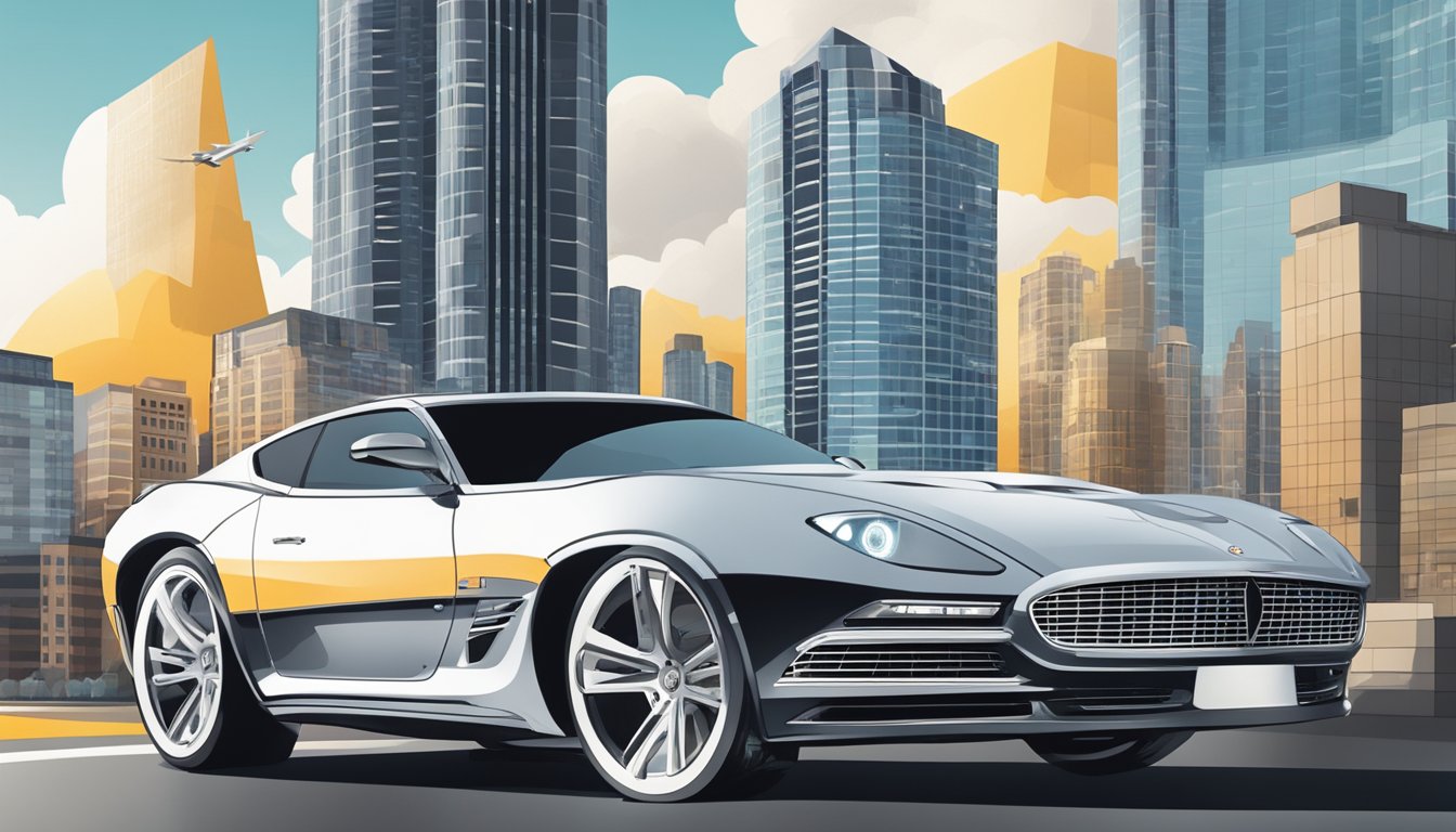A luxury car speeding past a skyscraper with a large "Playboy" logo, surrounded by stock market charts and graphs