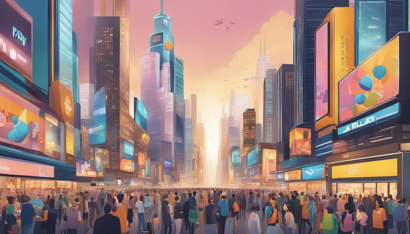 A bustling cityscape with skyscrapers and billboards featuring the Playboy brand. Crowds of people are seen flocking to trendy shops and entertainment venues, showcasing the brand's influence on market expansion and innovation