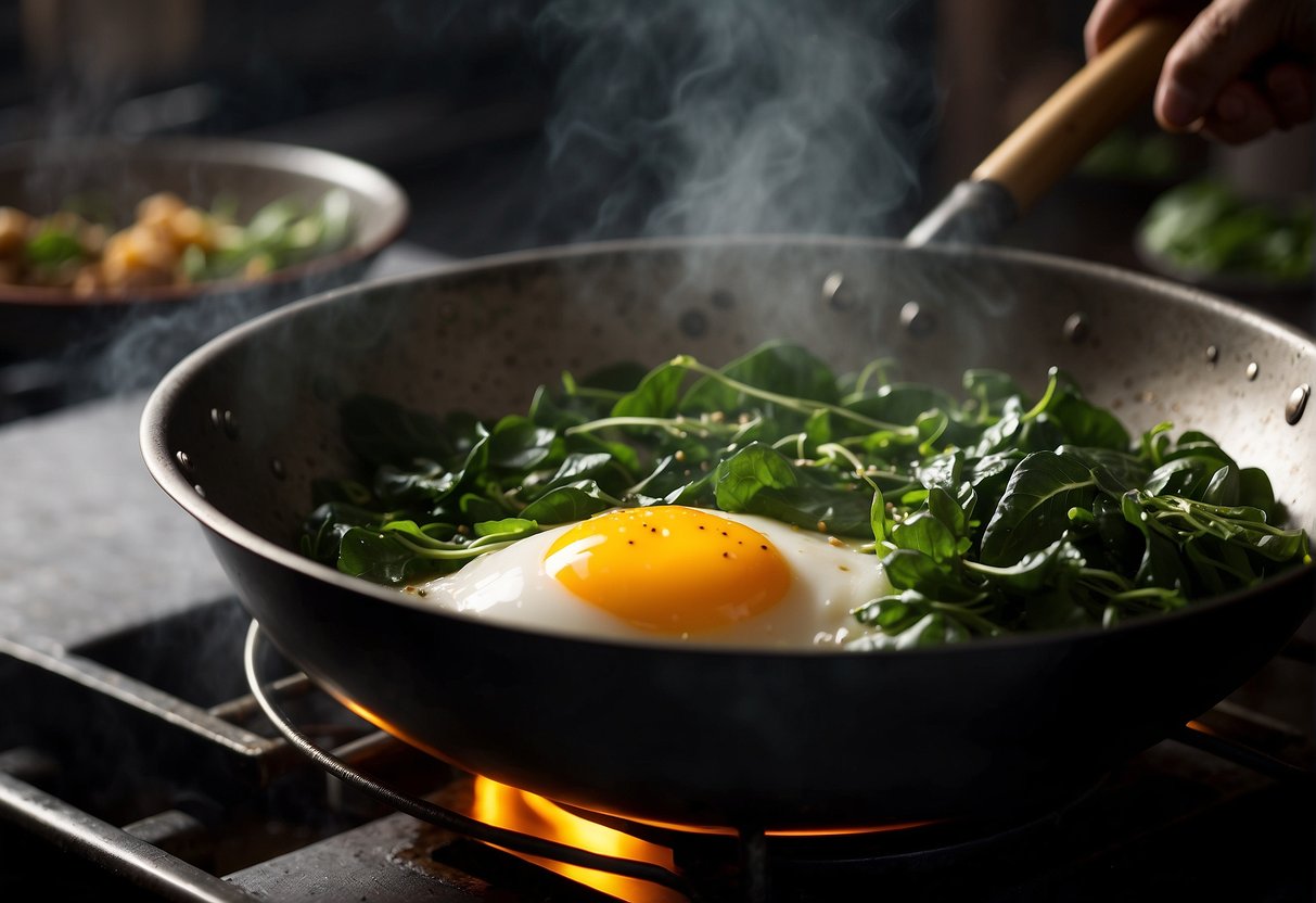 A wok sizzles as Chinese spinach and beaten eggs are stirred together, creating a vibrant green and yellow mixture