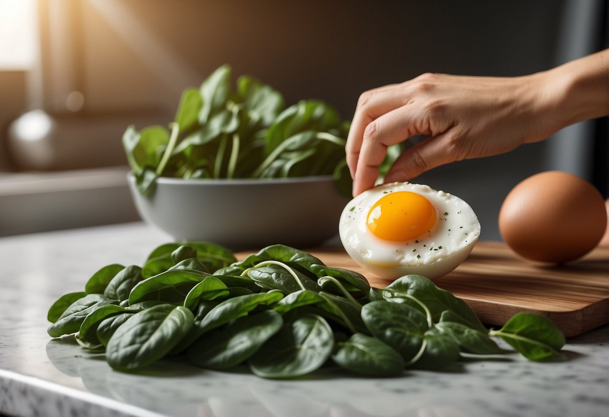 A hand reaches for fresh Chinese spinach and eggs on a kitchen counter