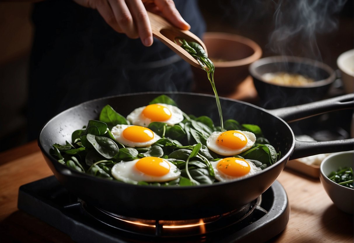Chinese spinach and eggs being whisked in a bowl, a wok heating on a stove, with soy sauce and garlic nearby
