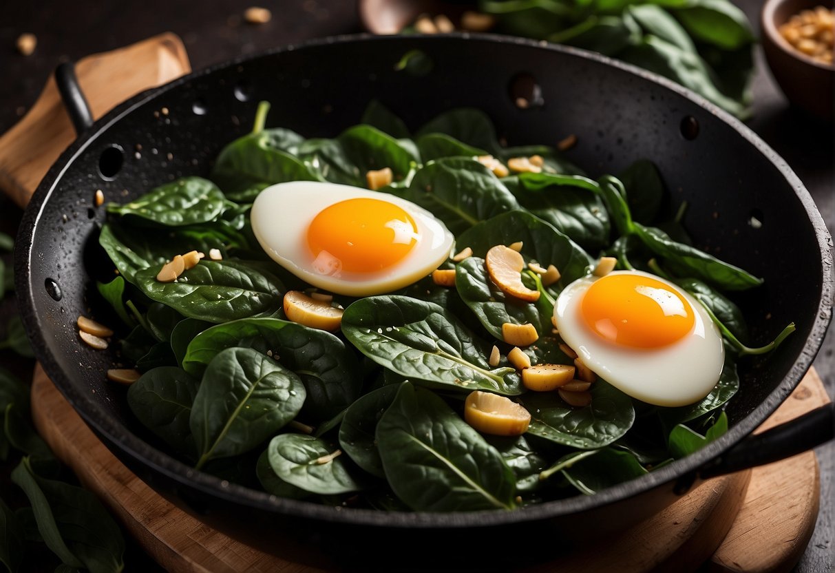 Chinese spinach and beaten eggs sizzling in a hot wok, with garlic and soy sauce nearby