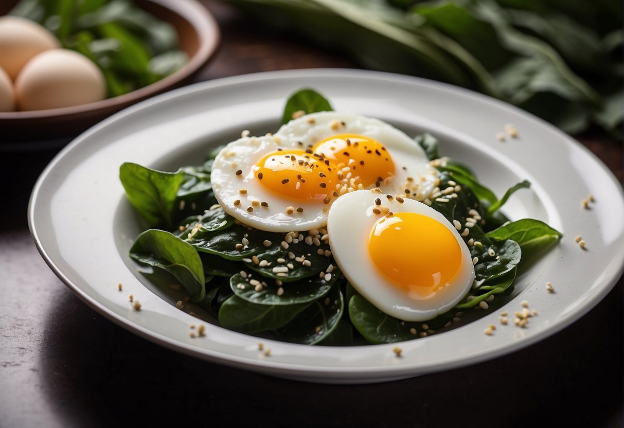 Chinese spinach and egg dish being garnished with sesame seeds and served on a white porcelain plate