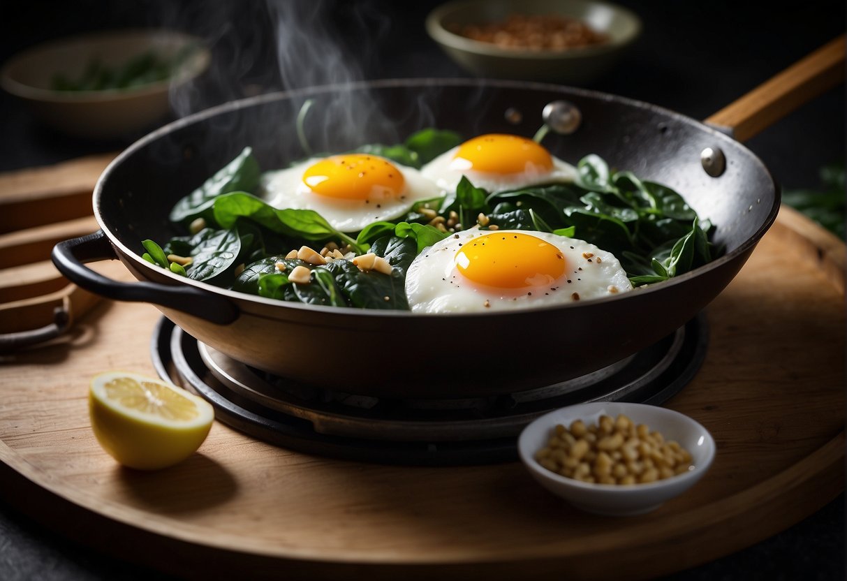 A wok sizzles with Chinese spinach and eggs. Ingredients like soy sauce and garlic sit nearby