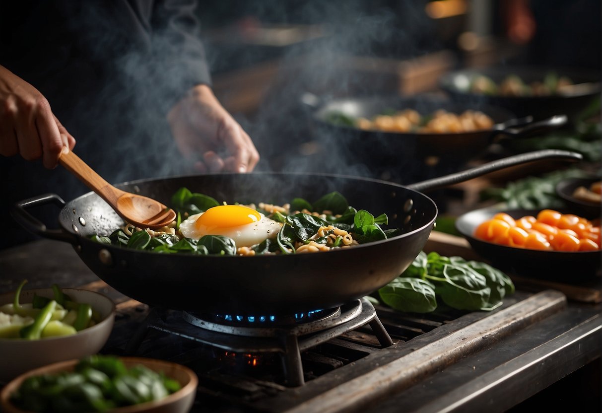 A wok sizzles with Chinese spinach and eggs, as a chef stirs and seasons the dish with traditional spices