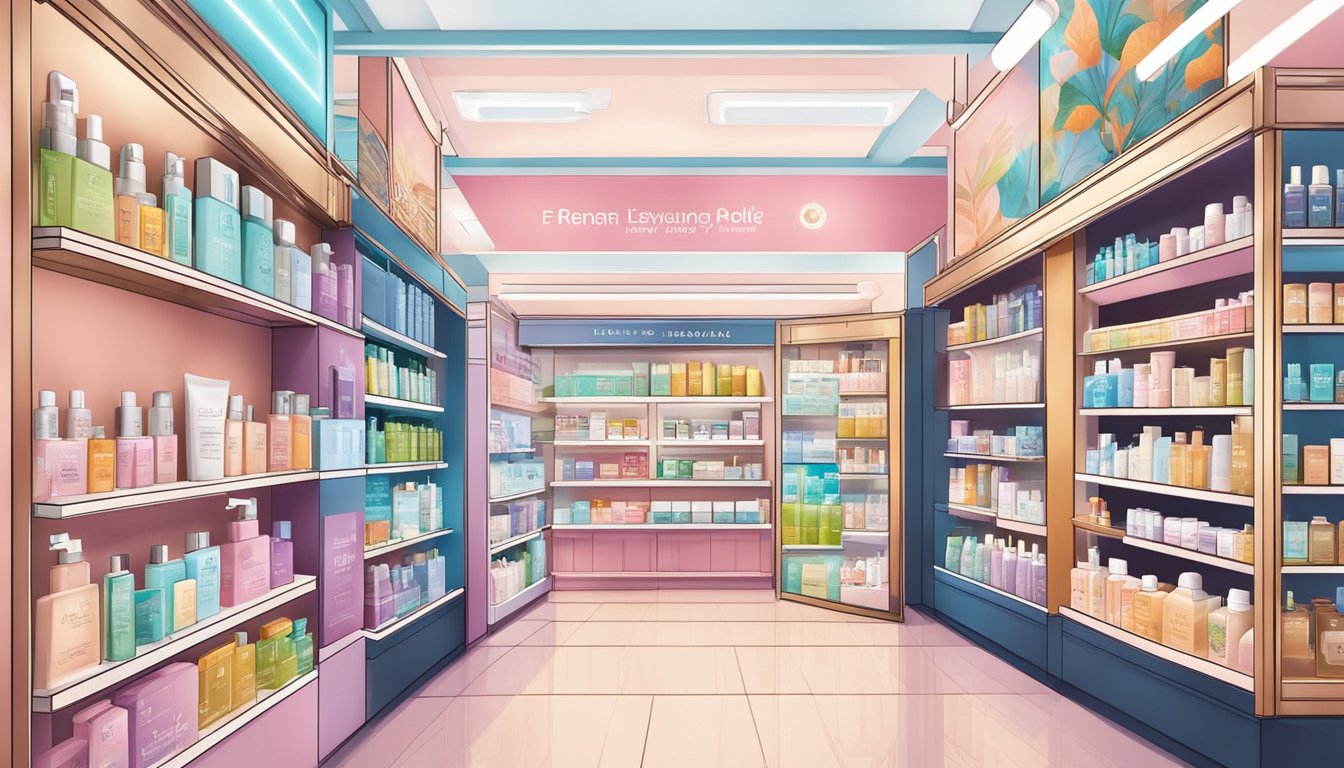 A display of skincare brands in Singapore, featuring various products and vibrant packaging, set against a backdrop of modern and sleek store interiors