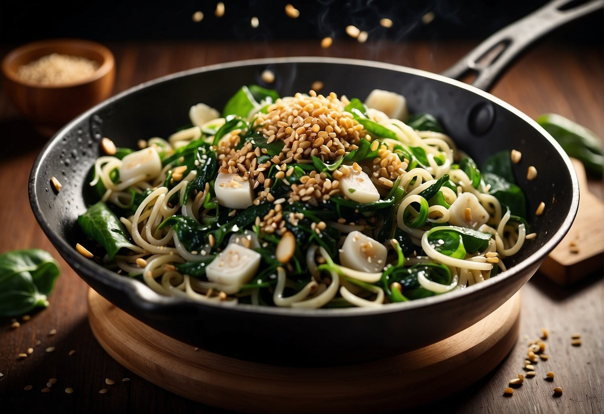 A wok sizzles with garlic and ginger as Chinese spinach noodles are tossed in sesame oil and soy sauce, topped with sliced scallions and sesame seeds