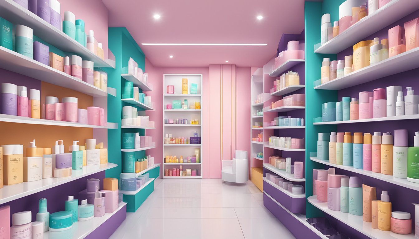 A display of top skincare brands in Singapore, arranged on sleek shelves with modern packaging and vibrant colors