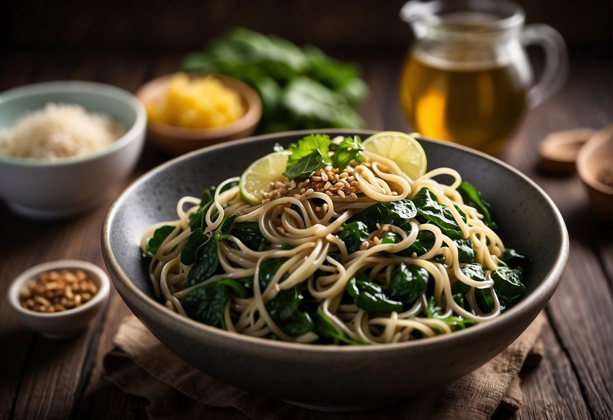 A bowl of Chinese spinach noodles surrounded by ingredients like spinach, garlic, soy sauce, and sesame oil, with possible substitutions like bok choy or kale