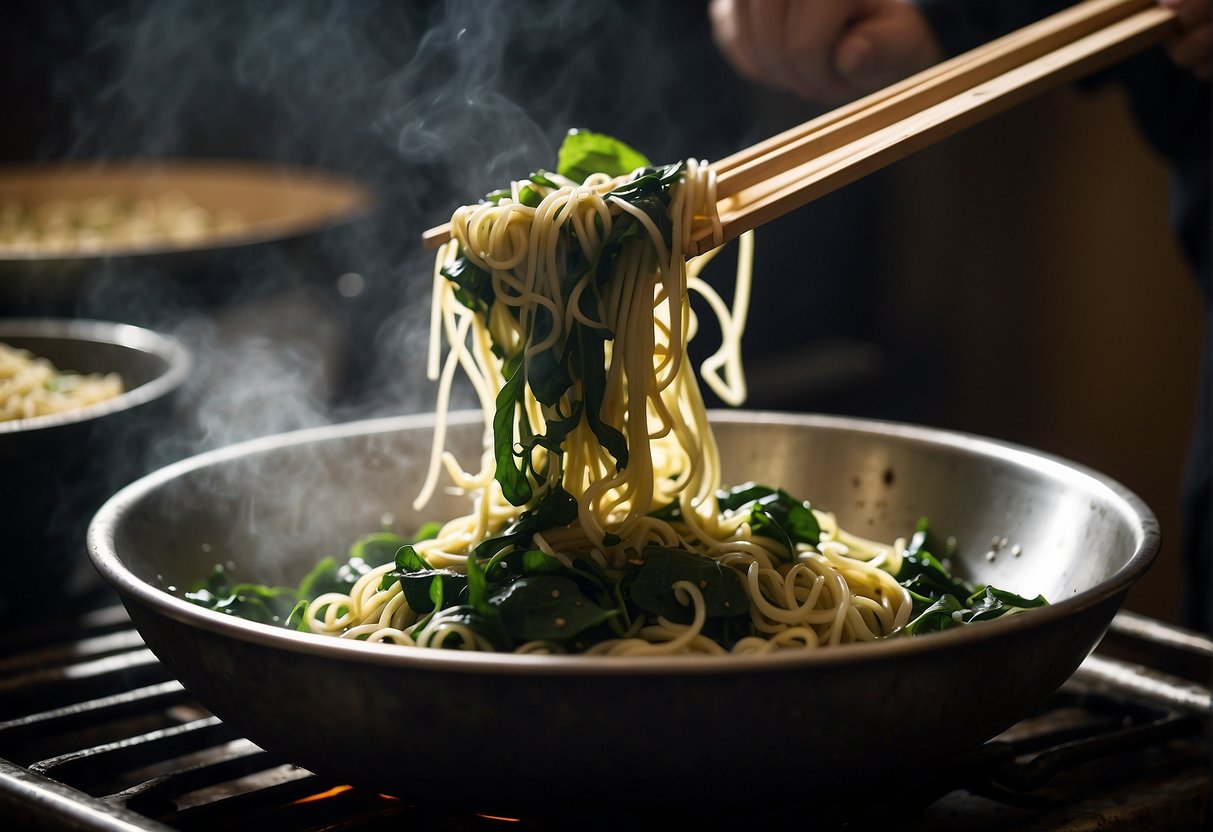 Chinese spinach noodles being tossed in a wok with garlic, ginger, and soy sauce. Steam rising from the sizzling noodles