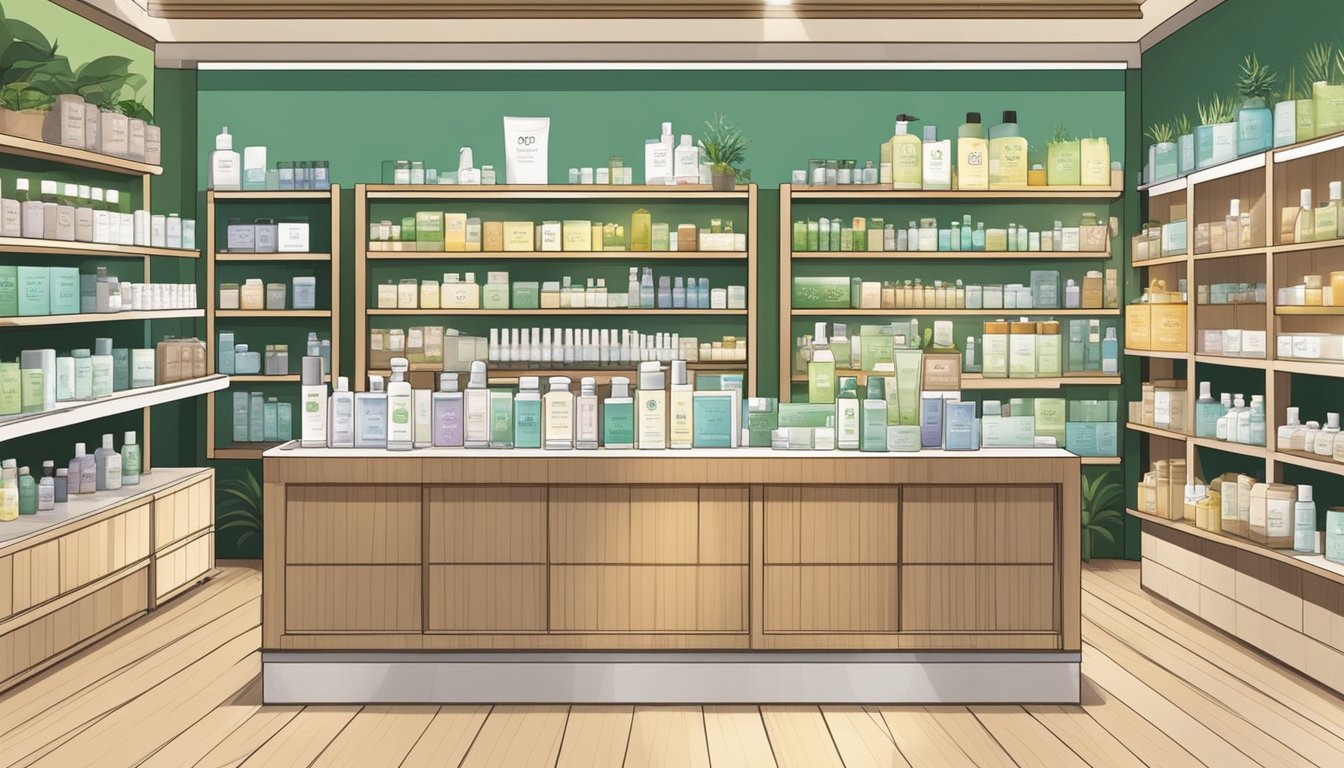 A display of natural and organic skincare products in a modern Singaporean store
