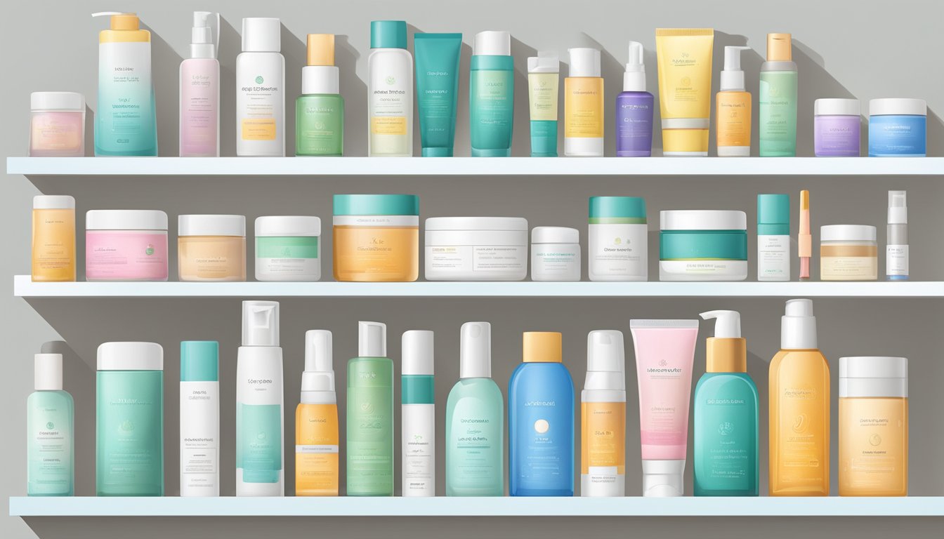 A variety of skincare products arranged neatly on a shelf, with labels indicating different skin types. Bright and clean packaging stands out