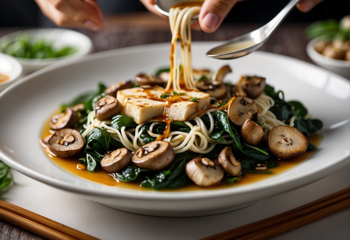 Chinese spinach noodles, tofu, and mushrooms are being carefully arranged on a white plate, while a savory sauce is being drizzled over the dish