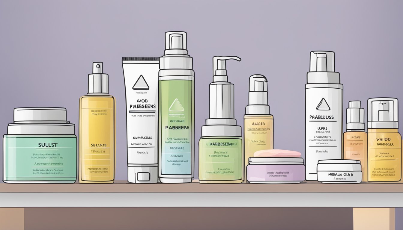 A table with skincare products labeled "Avoid" list: parabens, sulfates, synthetic fragrances, and mineral oil