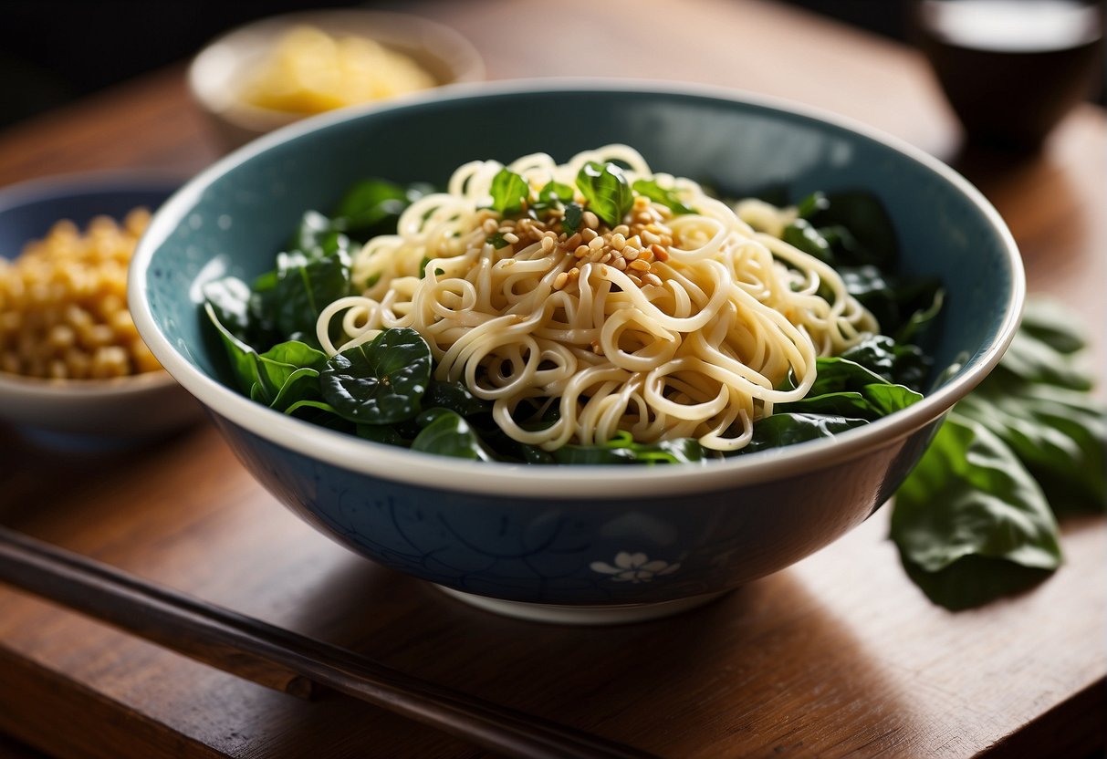 A bowl of Chinese spinach noodles with ingredients like spinach, noodles, sesame oil, soy sauce, and garlic arranged neatly on a wooden table
