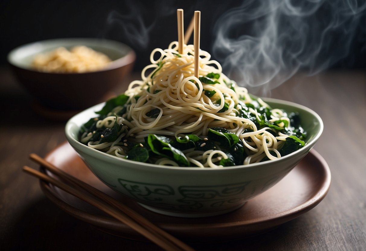 A steaming bowl of Chinese spinach noodles with chopsticks and a sprinkle of sesame seeds on top