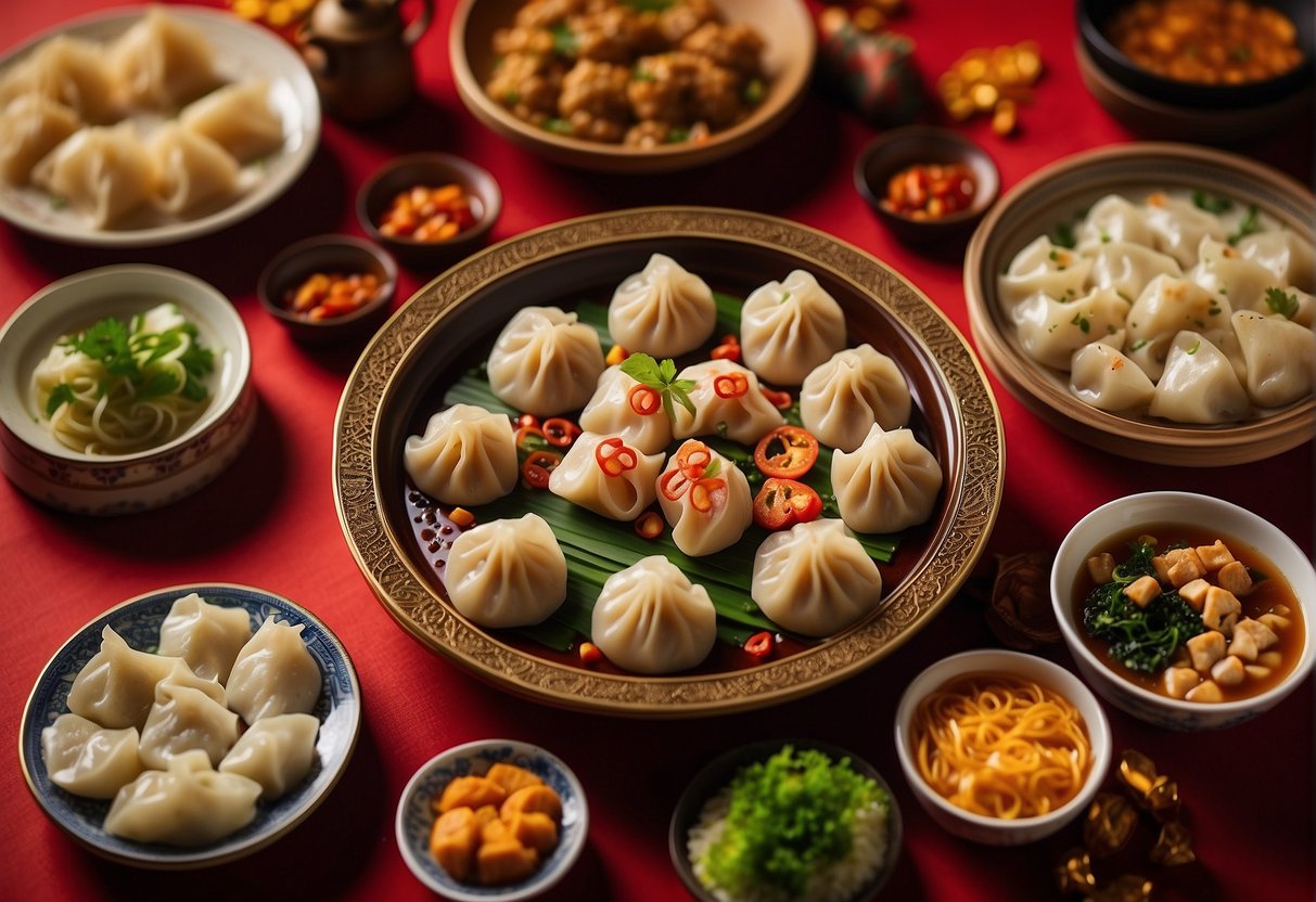 A table adorned with traditional Chinese New Year dishes, including dumplings, fish, and noodles, surrounded by red and gold decorations