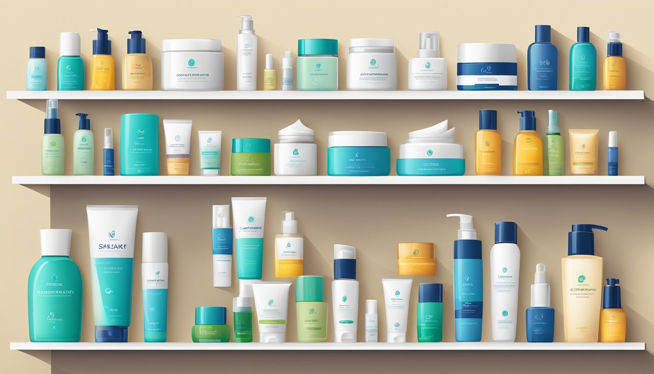 A variety of skincare products displayed on shelves with brand logos and labels, showcasing solutions for common skin concerns