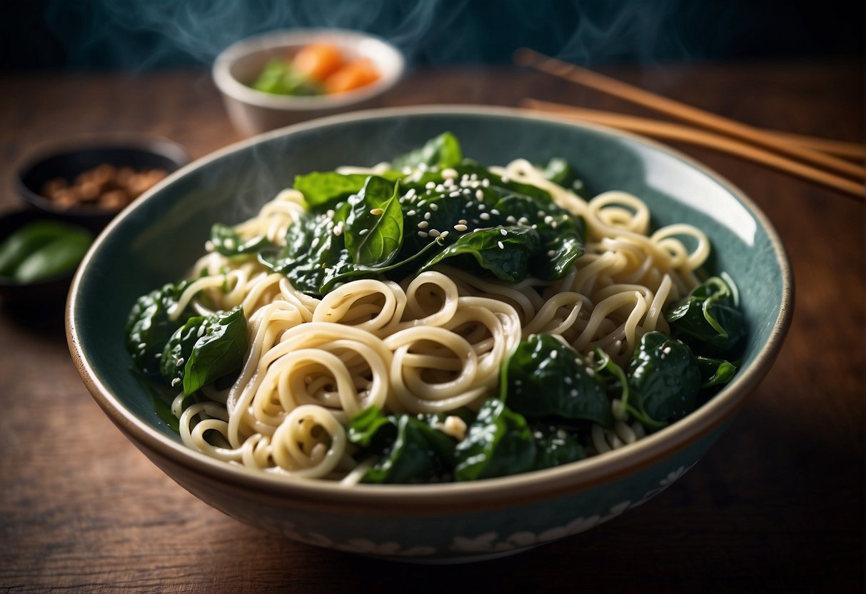 A steaming bowl of Chinese spinach noodles with chopsticks and a recipe book in the background