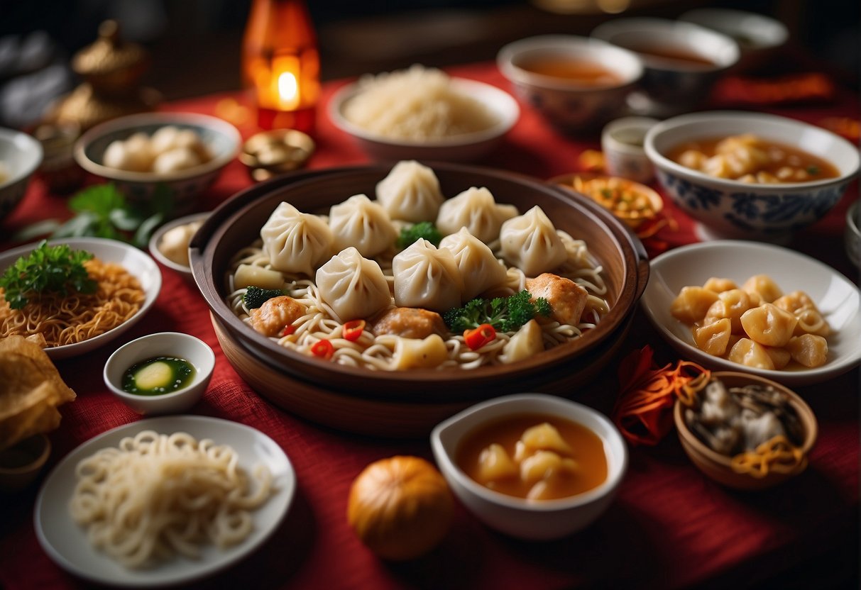 A table adorned with traditional Chinese New Year dishes, including dumplings, fish, and noodles, symbolizing prosperity and good fortune