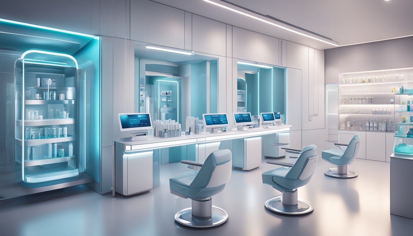 A futuristic skincare lab with advanced equipment and sleek branding in Singapore