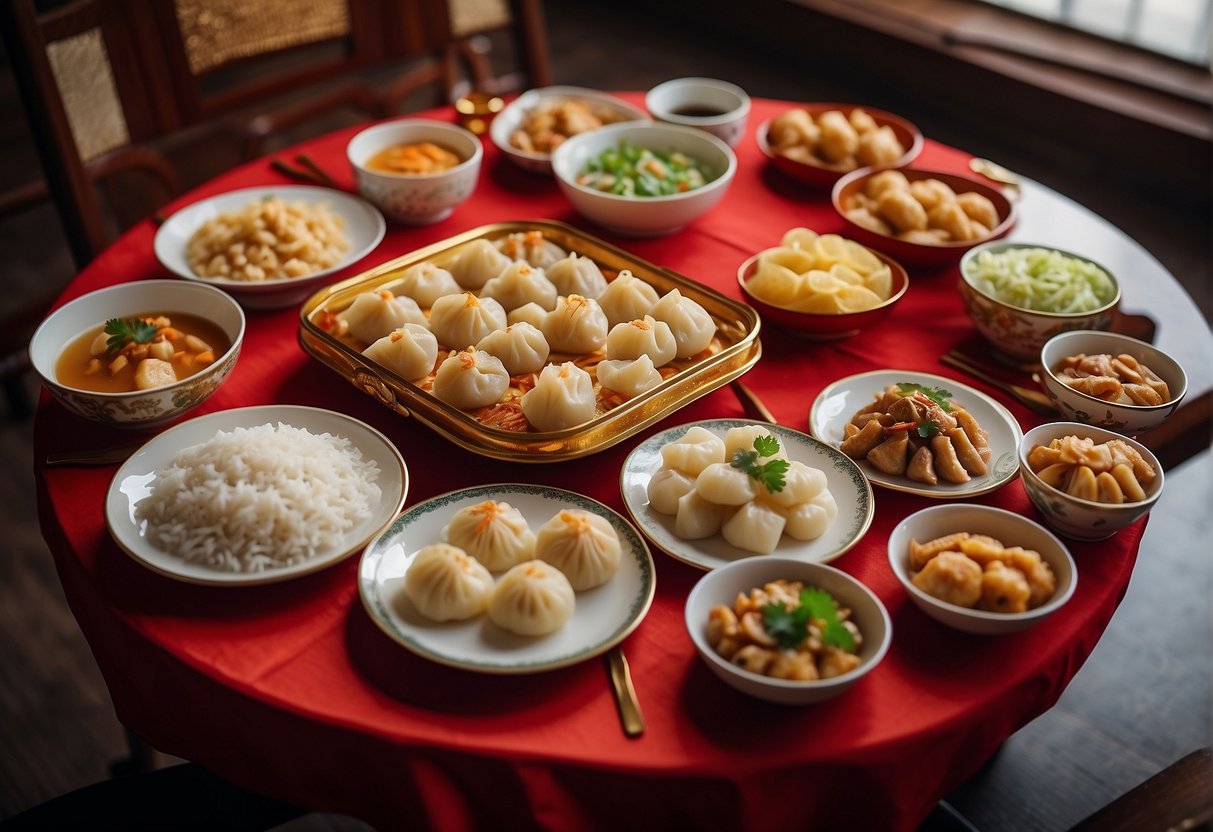 A table set with traditional Chinese New Year dishes, including dumplings, fish, noodles, and rice cakes. Red and gold decorations adorn the room