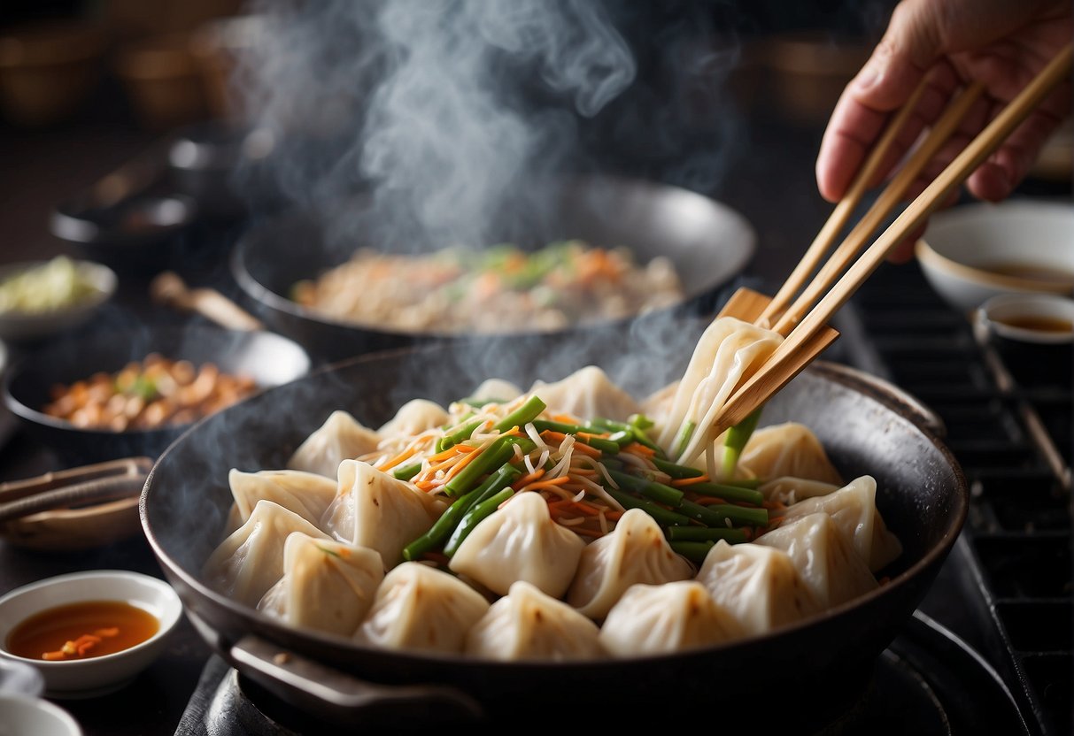 Sizzling wok stir-frying, steaming bamboo baskets, and delicate dumpling folding. Vibrant ingredients like ginger, garlic, and soy sauce fill the air