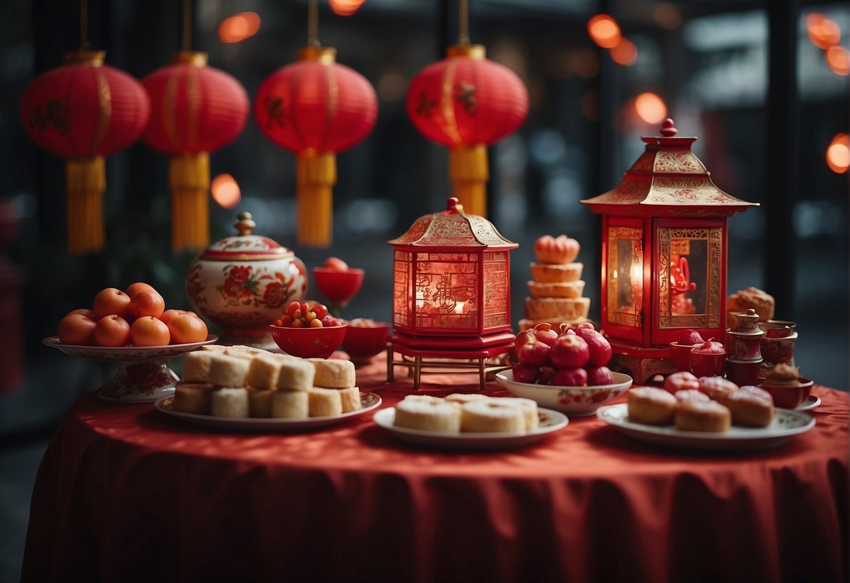 A table adorned with traditional Chinese New Year desserts and sweet treats. Red lanterns hang above, adding to the festive atmosphere