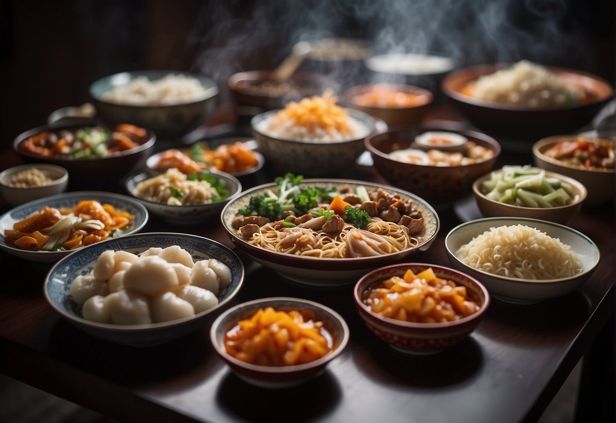A table filled with steaming bowls of regional Chinese New Year dishes, showcasing various specialties and authentic recipes