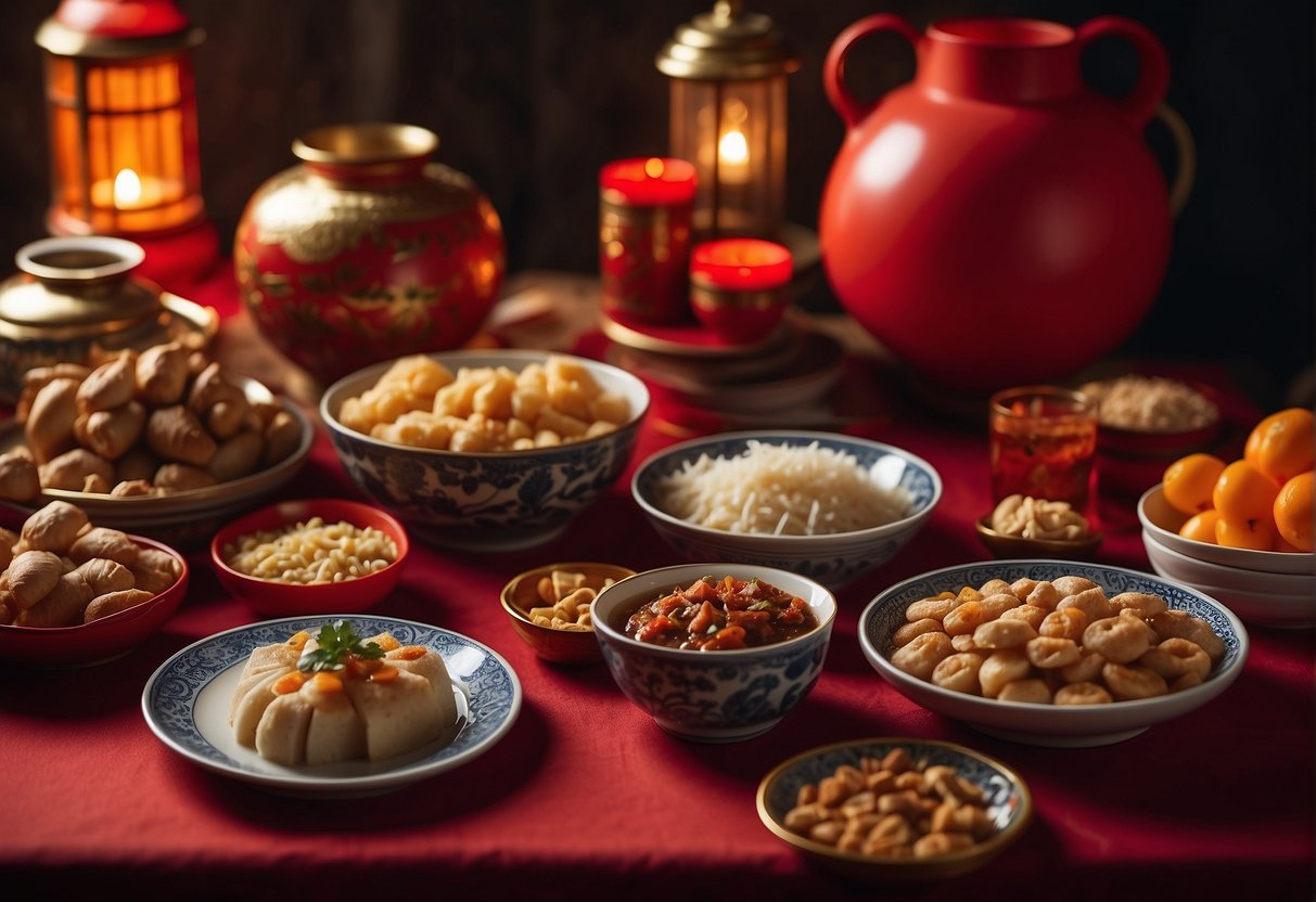 A table adorned with traditional Chinese New Year dishes, surrounded by red decorations and glowing lanterns. A stack of recipe books sits nearby