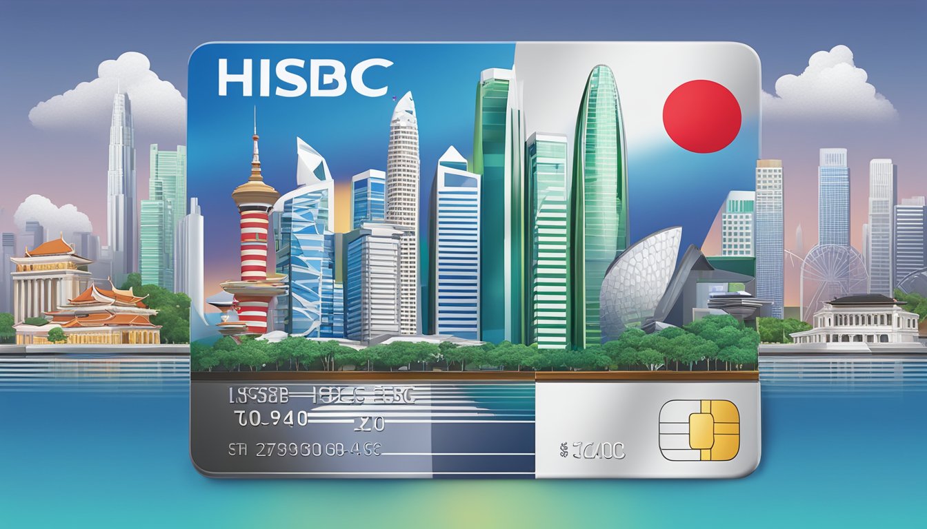 A sleek HSBC Visa Platinum Credit Card against a backdrop of iconic Singapore landmarks, with a modern and vibrant cityscape in the background