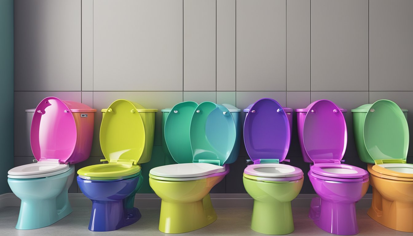 A row of colorful toilet bowls on display in a well-lit showroom. Each brand's logo prominently displayed on the front