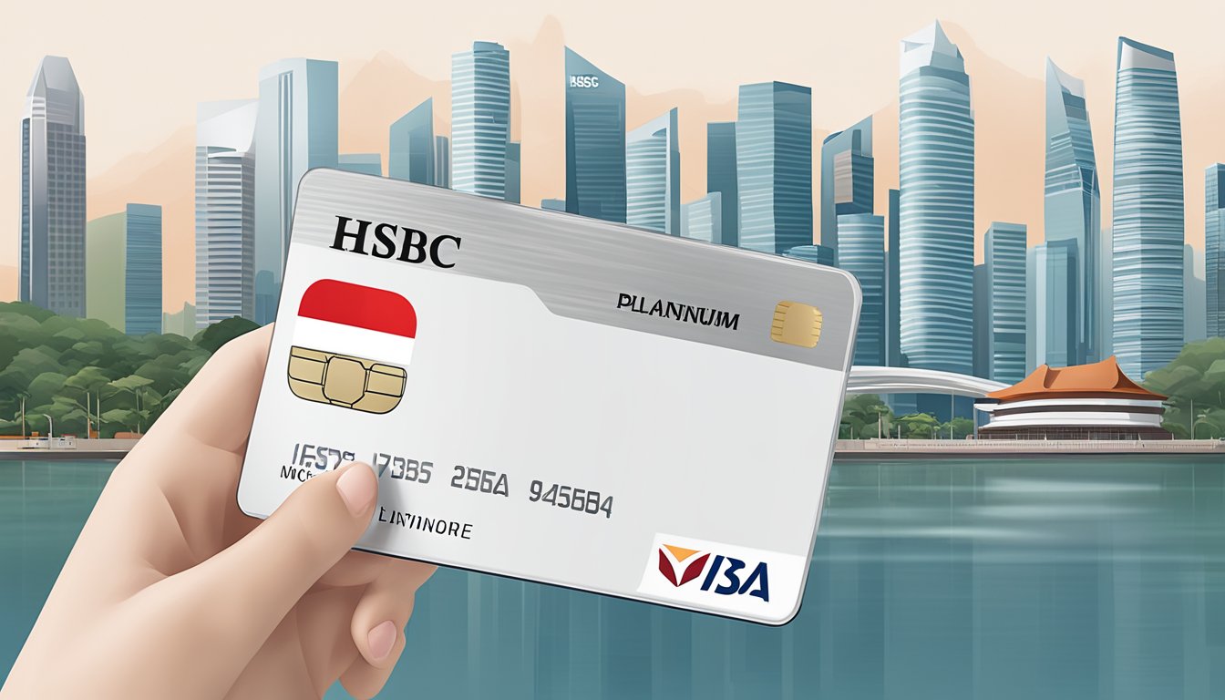A hand holding an HSBC Visa Platinum Credit Card with Singapore skyline in the background, showcasing key features and benefits