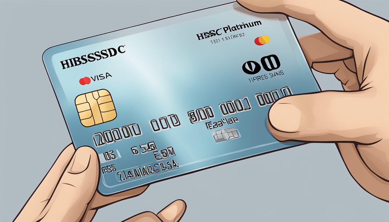 A hand holding an HSBC Visa Platinum Credit Card with a list of fees and charges in the background
